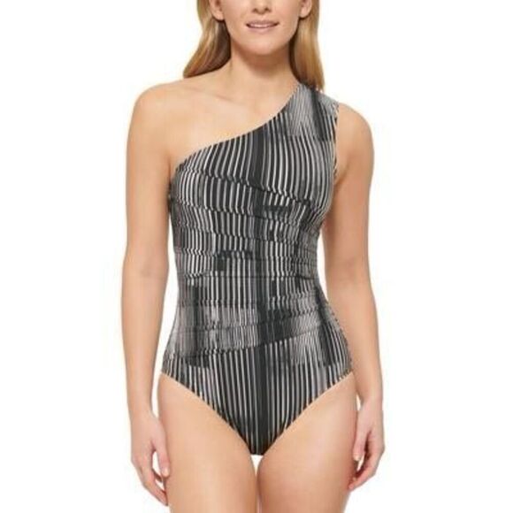 Calvin Klein Striped One Piece Swimsuit in Black Multi size 10 - Picture 1 of 3